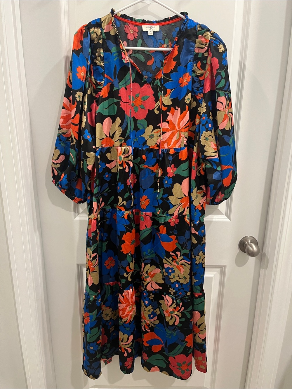 Umgee Black Midi Dress with Bold Multicolor Floral Print